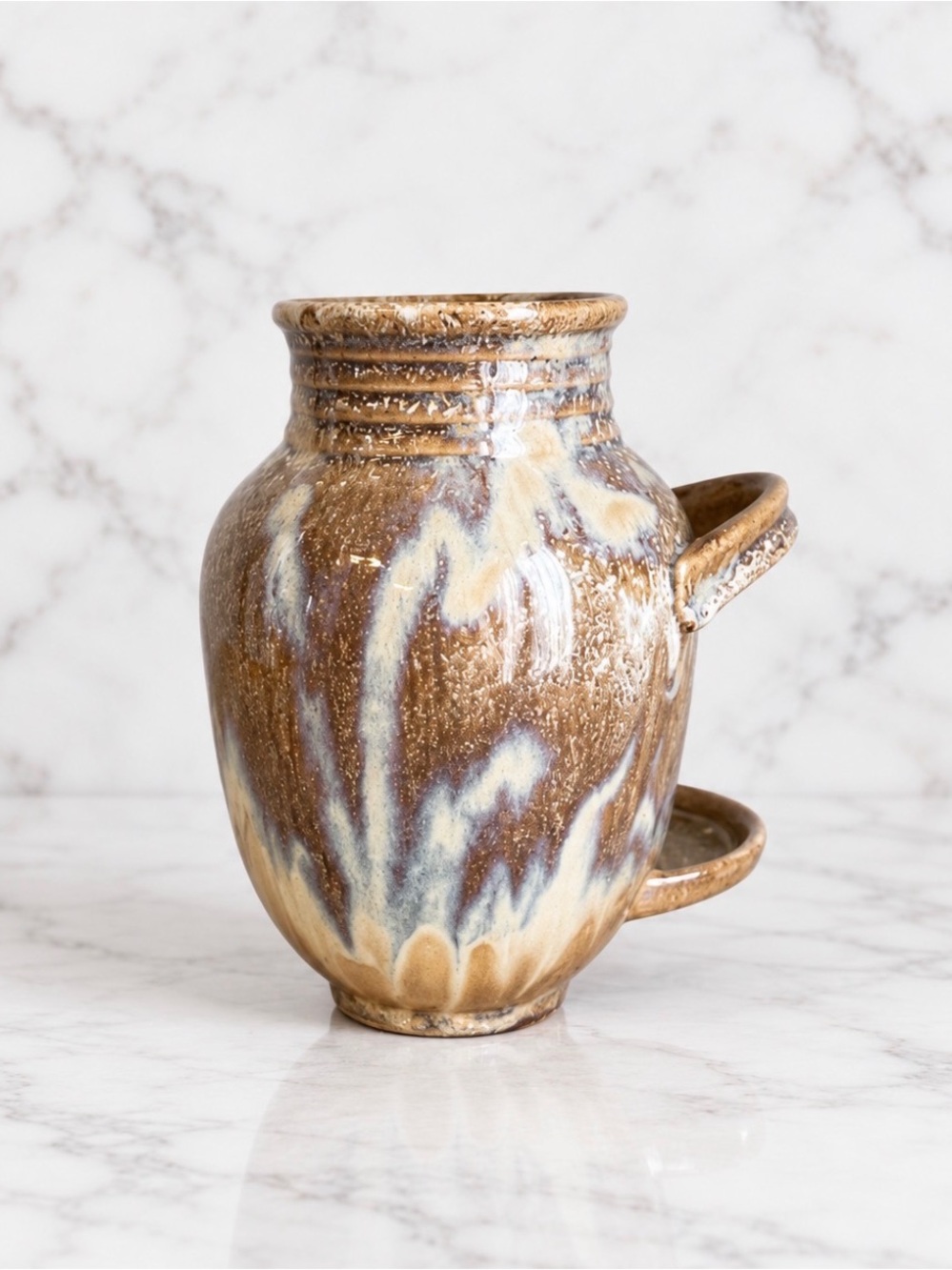 Handcrafted Brown Ceramic Vase with Cream Drip Glaze